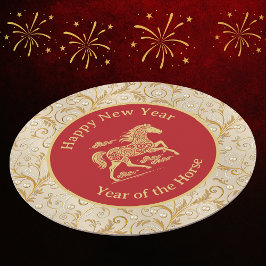 Happy Chinese New Year of Horse Elegant Gold Red  Runder Pappuntersetzer