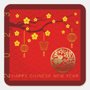 Happy Chinese Rabbit New Year 2023 Blossoms SqS Quadratischer Aufkleber