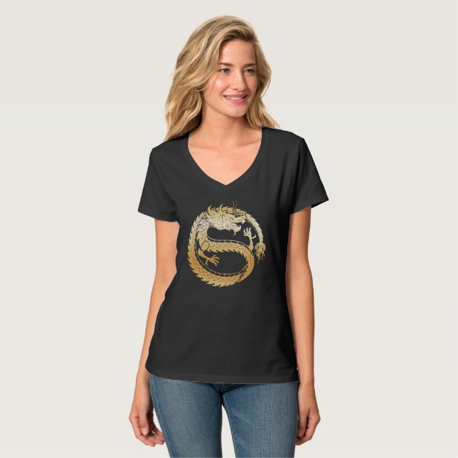 Happy Chinesisch Lunar Neujahr '24 Gold DRAGON Fra T-Shirt (Vorderseite Vollansicht)