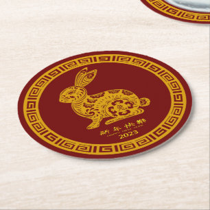 Happy Chinesisch Neujahr 2023 Rabbit Red Gold Runder Pappuntersetzer
