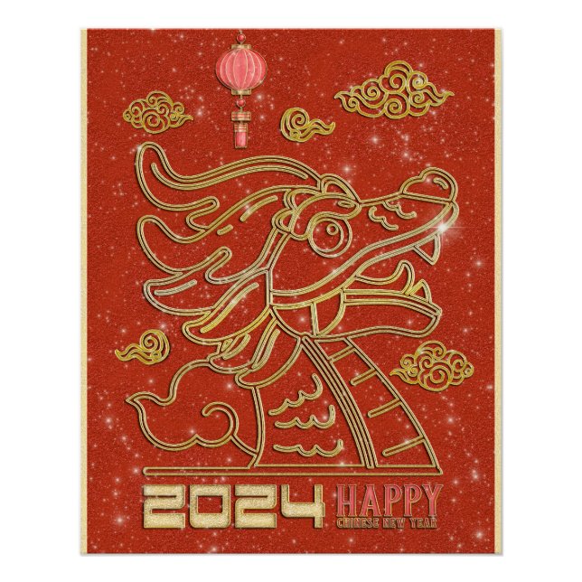 Happy Chinesisch Red Gold Neujahr des Drachen 2024 Poster (Vorderseite)