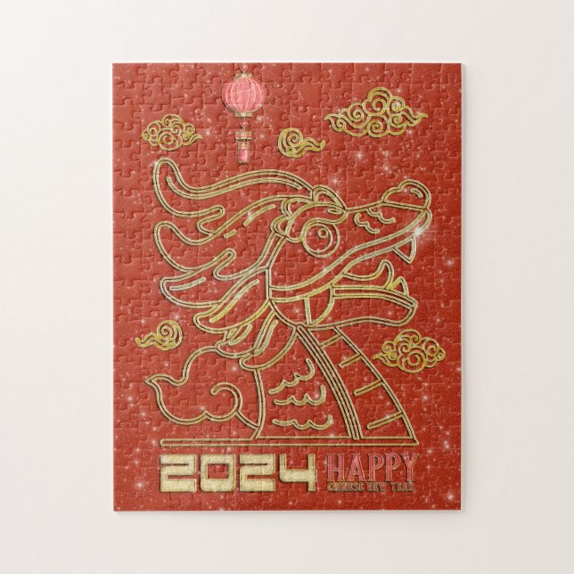 Happy Chinesisch Red Gold Neujahr des Drachen 2024 Puzzle (Vertikal)