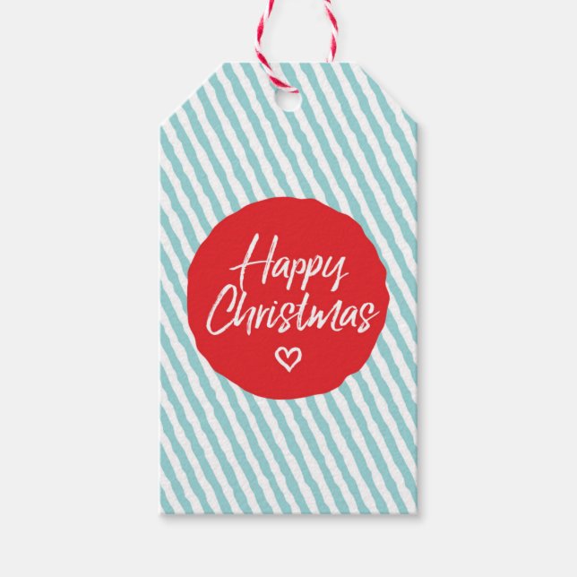 Happy Christmas Blue Stripe Weihnachtsgeschenk Tag Geschenkanhänger (Vorderseite)