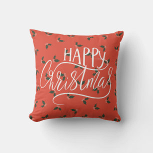 Happy Christmas Calligraphy Holly Berries Pattern Kissen
