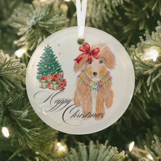 Happy Christmas Dog Sitting Ornament Aus Glas