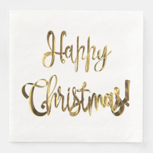 Happy Christmas Elegant Chic White and Gold Text Serviette