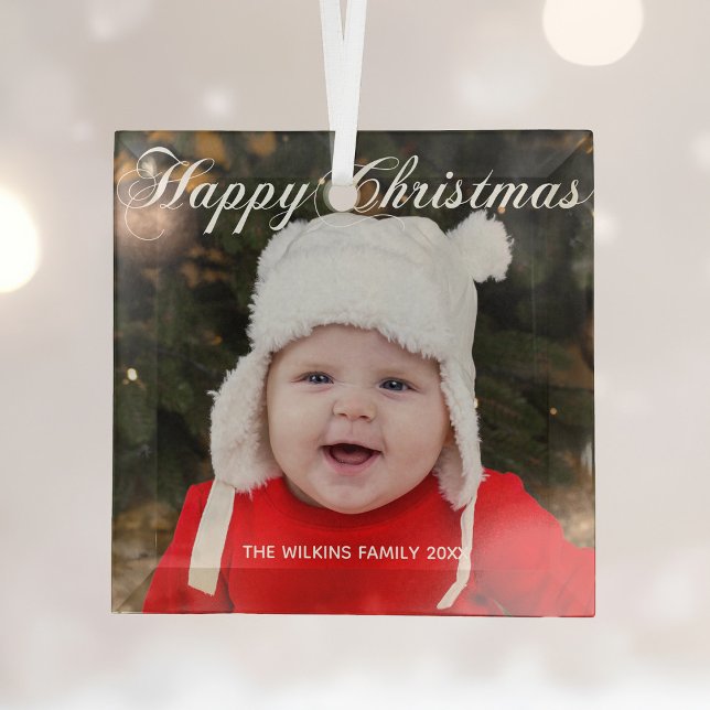 Happy Christmas Elegant White Script Baby Foto Ornament Aus Glas (Von Creator hochgeladen)