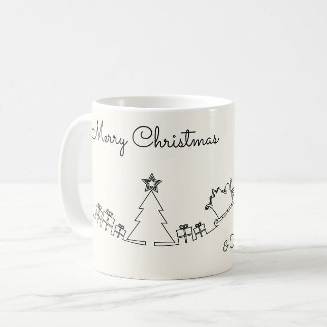Happy Christmas Line Drawing With Santa & Sleigh Kaffeetasse (Vorderseite Links)