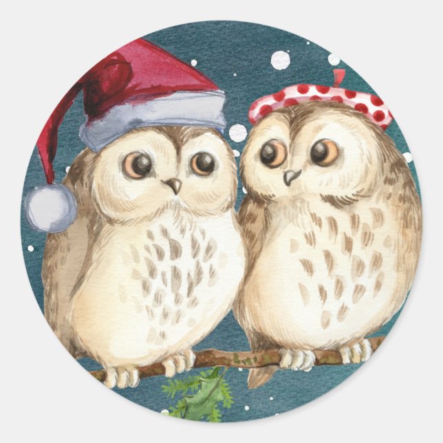 HAPPY CHRISTMAS OWL CLASSIC ROUND Sticker (Vorderseite)