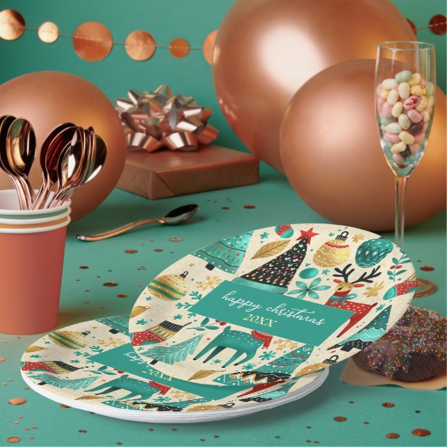 Happy Christmas party – Whimsical trees reinders Pappteller (Multi)