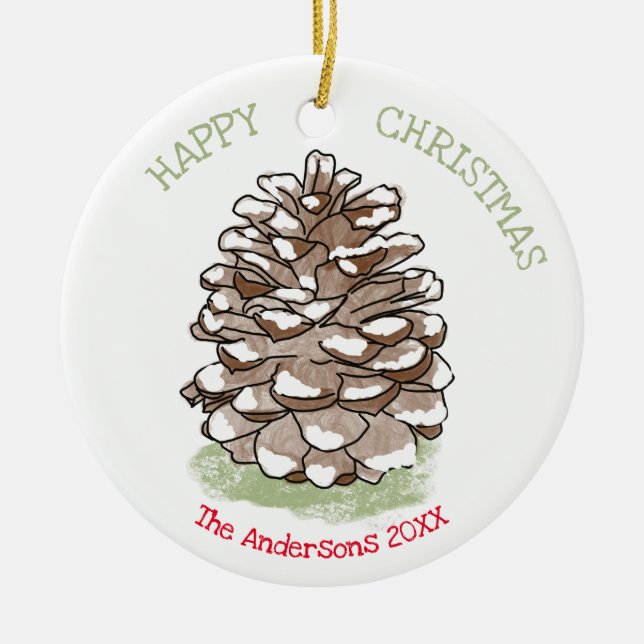 Happy Christmas Pine Cone Personalisiert Keramik Ornament (Vorne)