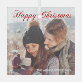 Happy Christmas Red Elegant Script Family Foto Ornament Aus Glas