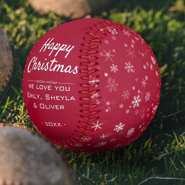 Happy Christmas Script Red Snowflake Pattern Baseball (Von Creator hochgeladen)