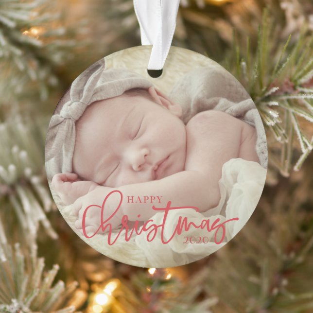Happy Christmas Simple Script Custom Baby Foto Ornament (Baum)