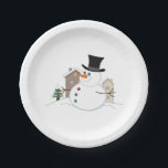 Happy Christmas Snowman Illustration Pappteller<br><div class="desc">Illustration eines Weihnachtsschneemans im Stil eines Cartoon in einer Schneeszene mit schneebedeckten Häusern und einem Baum im Hintergrund.</div>