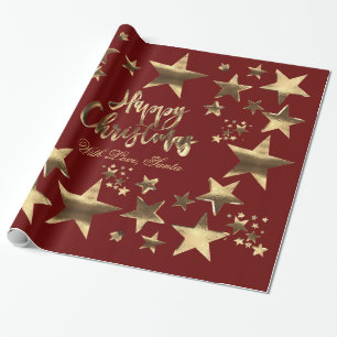 Happy Christmas Stars Red Gold Elegantes Skript Geschenkpapier