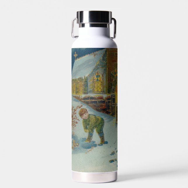 Happy Christmas - Vintage snowball fight postcard Trinkflasche (Vorne)