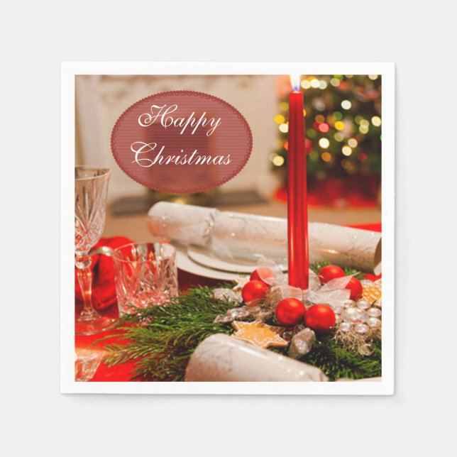 "Happy Christmas" Weihnachten Cracker & Candles Serviette (Vorderseite)