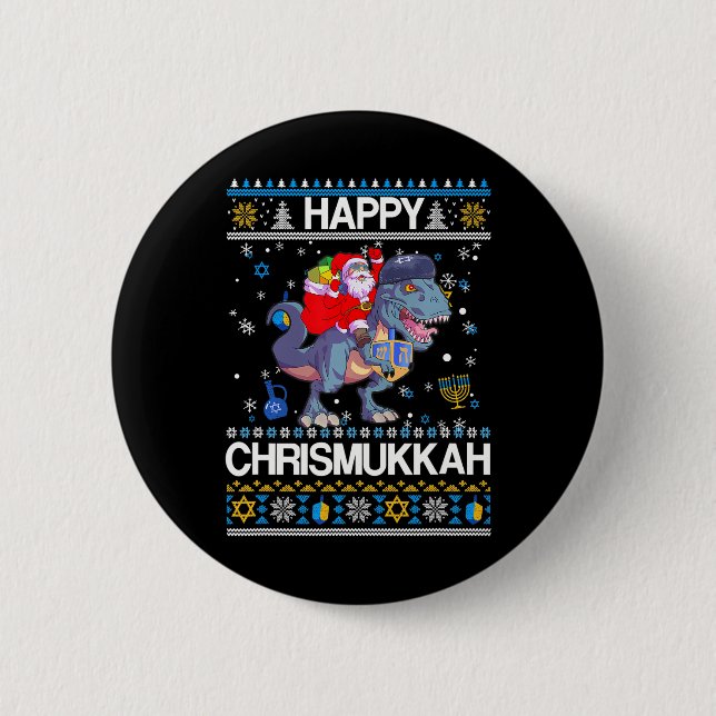 Happy Christmukah Santa Riding Dinasour Happy Button (Vorderseite)