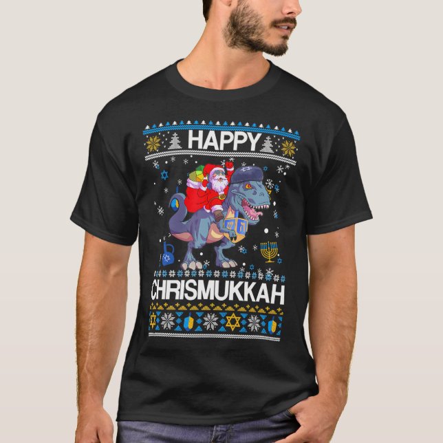 Happy Christmukah Santa Riding Dinasour Happy T-Shirt (Vorderseite)