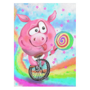 Happy Circus Acrobat Piggy Cyclist Licks Lollipop Tischdecke