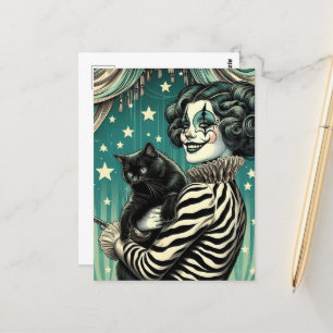 Happy Circus Clown Woman und eine schwarze Katze Postkarte