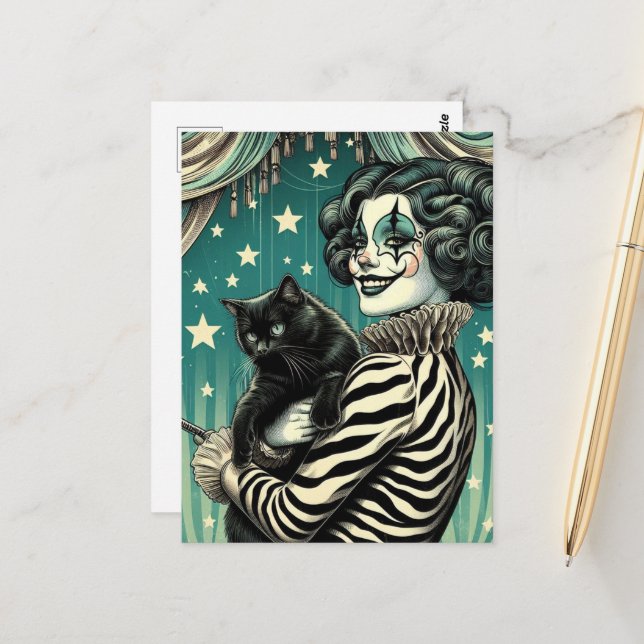 Happy Circus Clown Woman und eine schwarze Katze Postkarte (Vorderseite/Rückseite Beispiel)