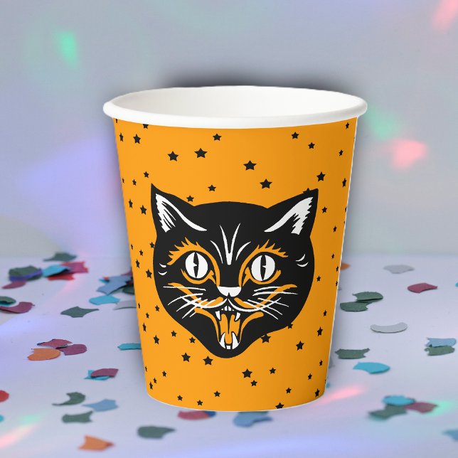 Happy Classic Halloween Black Cat Face on Stars Pappbecher (Fun Happy black and orange Halloween cat face on black stars on bright orange party paper cups.)