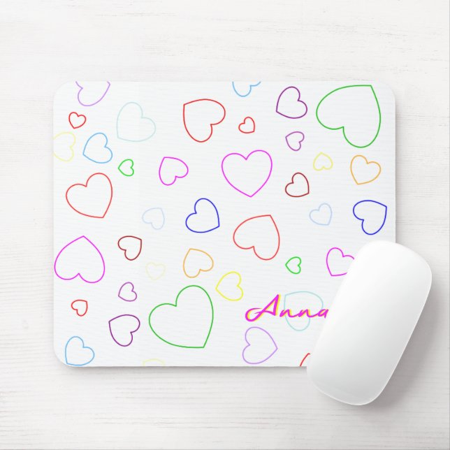 Happy Colorful Hearts Individuelle Name Mousepad (Mit Mouse)