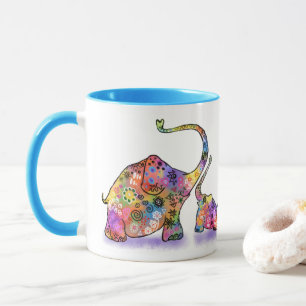 Happy Colorful Mother and Baby Elephant Tasse