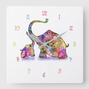 Happy Colorful Mother and Baby Elephant Wall Clock Quadratische Wanduhr