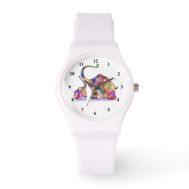 Happy Colorful Mother and Baby Elephant Watch Armbanduhr (Vorderseite)