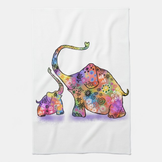 Happy Colorful Mother and Baby Elephant - Zeichnen Geschirrtuch (Vertikal)