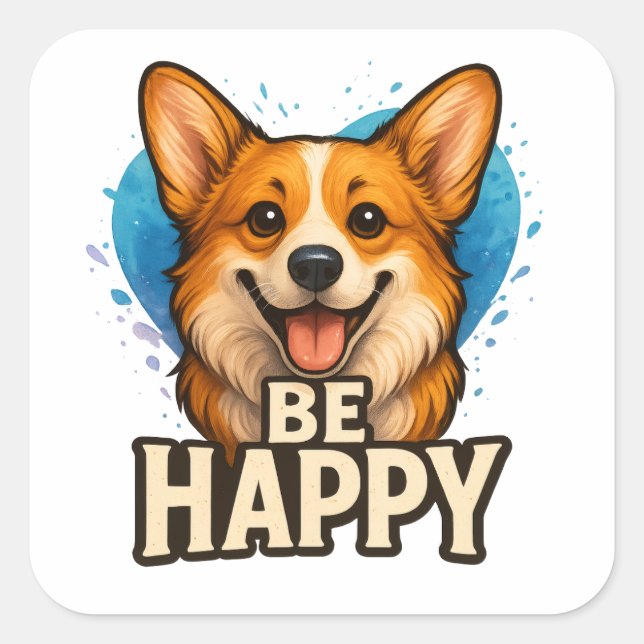  Happy Corgi Cute Dog Lover Design for Positive Quadratischer Aufkleber (Vorderseite)
