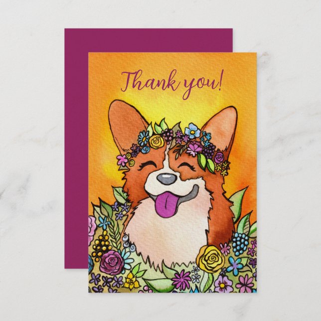 Happy Corgi mit Blume Dankeskarte (Vorne/Hinten)