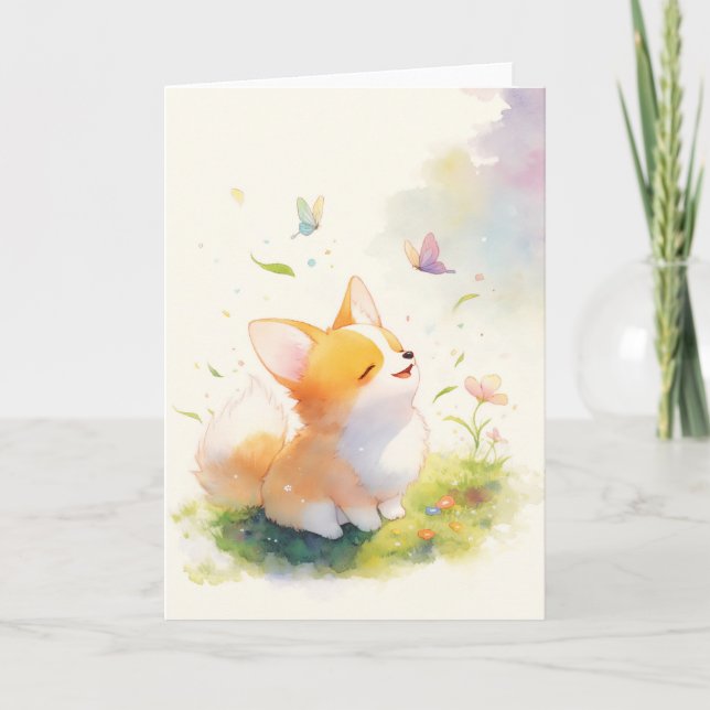 Happy Corgi mit Butterfly Dance Karte (Vorderseite)