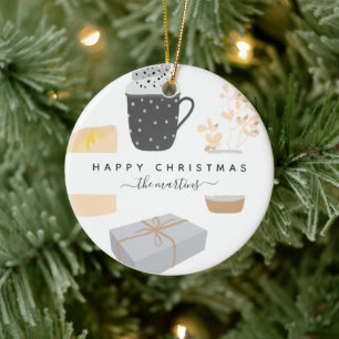 Happy Cosy Christmas Illustriert mit Name Keramik Ornament