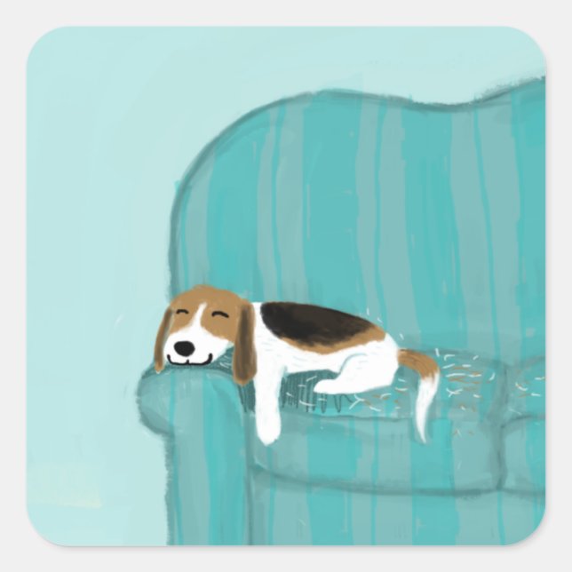 Happy Couch Dog - Niedlicher Beagle Schlafen | Pet Quadratischer Aufkleber (Vorderseite)