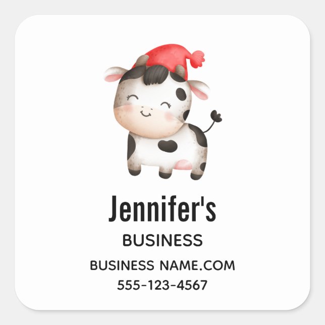 Happy Cow in einem Niedlichen Red Hat Quadratischer Aufkleber (Vorderseite)