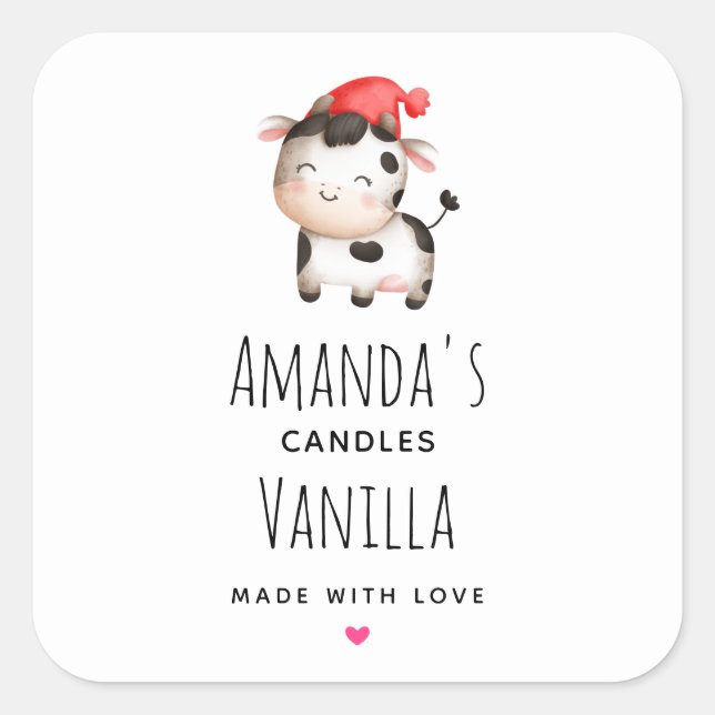 Happy Cow in einer Niedlichen Red Hat Candle Quadratischer Aufkleber (Vorderseite)