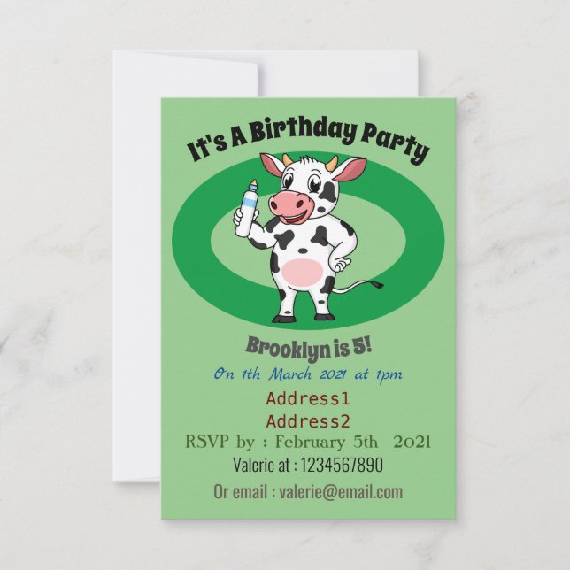Happy Cow mit Babyflasche Cartoon Einladung (Vorderseite)