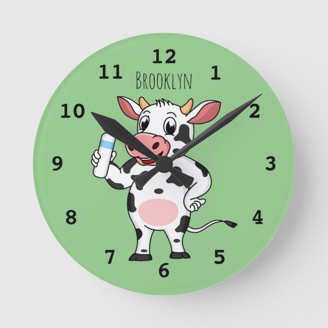 Happy Cow mit Babyflasche Cartoon Runde Wanduhr (Vorderseite)