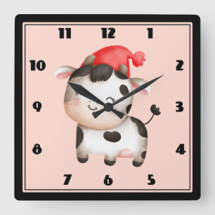 Happy Cow mit einem Niedlichen Red Hat Quadratische Wanduhr