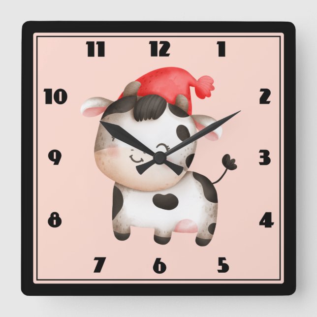 Happy Cow mit einem Niedlichen Red Hat Quadratische Wanduhr (Vorderseite)