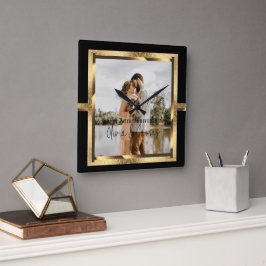 Happy Custom Year Jubiläum, Schwarz und Gold Quadratische Wanduhr