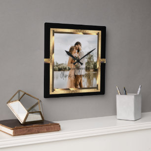 Happy Custom Year Jubiläum, Schwarz und Gold Quadratische Wanduhr