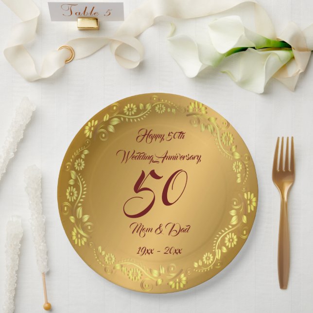 Happy Customize Gold 50th Anniversary Paper Plate Pappteller (Hochzeit)