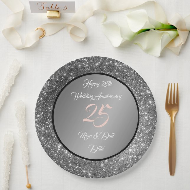 Happy Customize Silver Glitzer 25 Jahre alt Pappteller (Hochzeit)