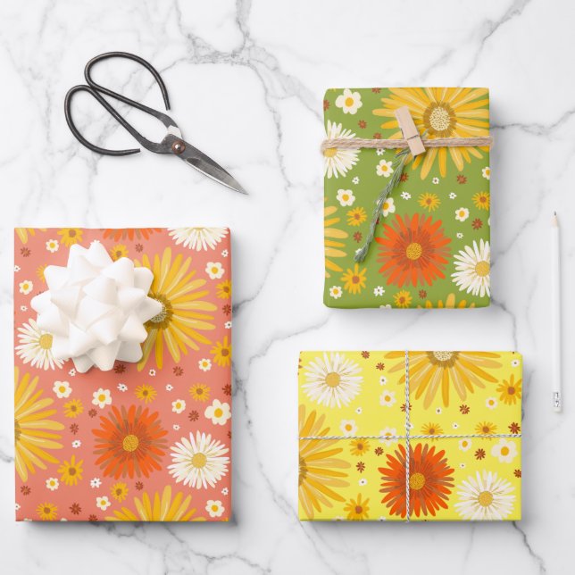 Happy Daisies Retro 70er farbiges Muster Geschenkpapier Set (Vorderseite)