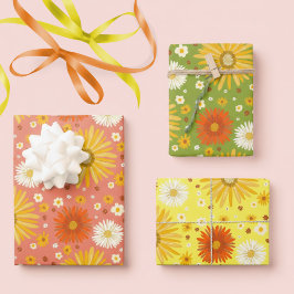 Happy Daisies Retro 70er farbiges Muster Geschenkpapier Set